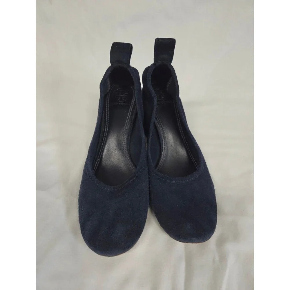 Tory Burch Navy Suede Round-Toe Block Heel Pumps